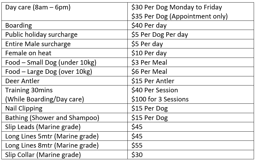 Dog boarding clearance and training prices